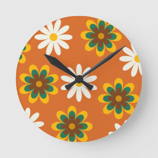 Orange Retro 70s Flowers Round Clock