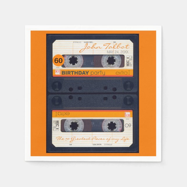 Orange Retro Audiotape 50th birthday Party PPN Napkin (Front)