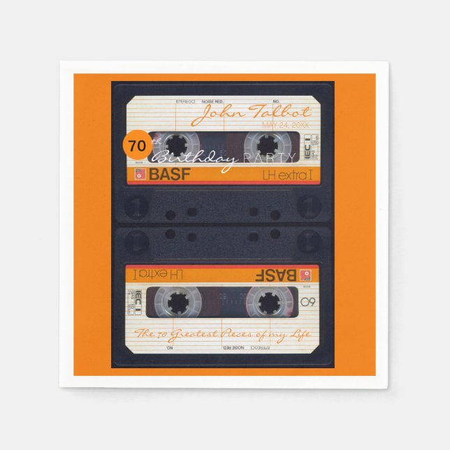 Orange Retro Audiotape 70th birthday Party PPN Napkin (Front)