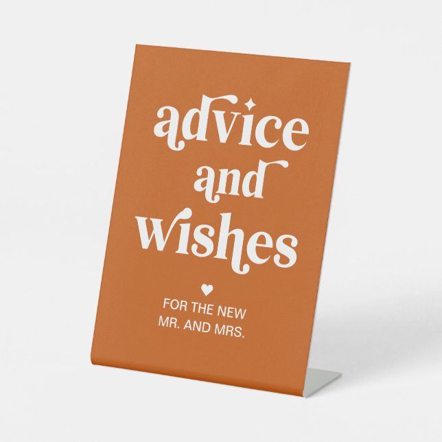 Orange Retro Boho Wedding Advice & Wishes Pedestal Sign (Front)