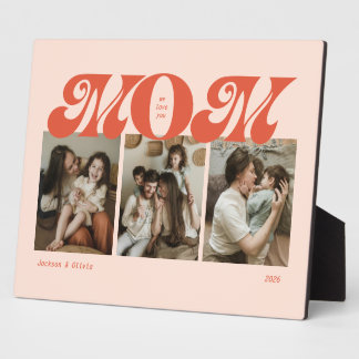 Orange Retro Bold Mom 3 Photo Collage Plaque