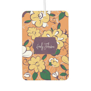 Orange Retro Botanical Yellow Flowers Custom Name Air Freshener