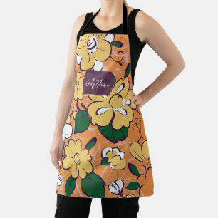 Orange Retro Botanical Yellow Flowers Custom Name Apron