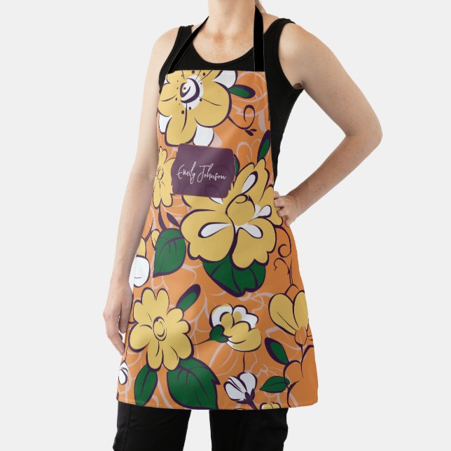 Orange Retro Botanical Yellow Flowers Custom Name Apron (Insitu)