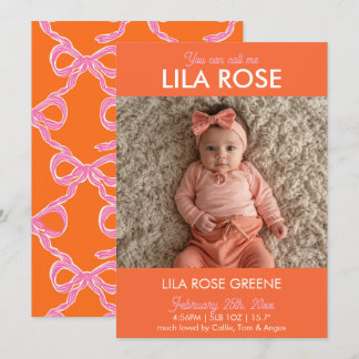Orange Retro Bow Photo Birth Announcement Card