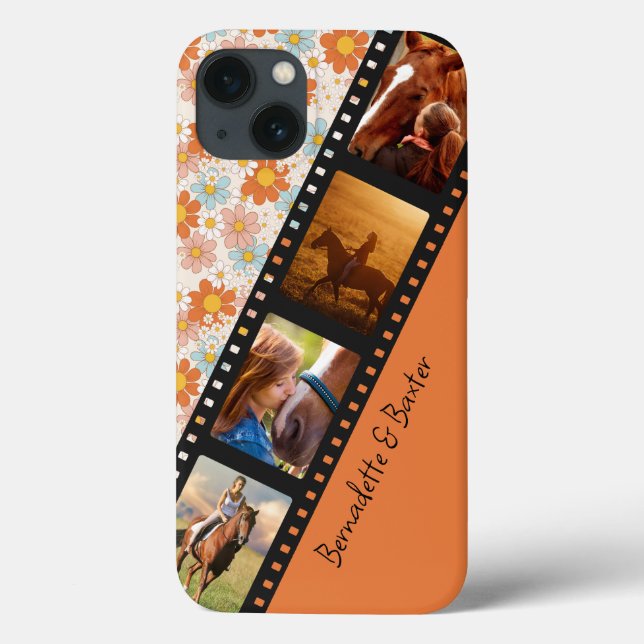 Orange Retro Daisy 4 Photo Horse Collage Name Case-Mate iPhone Case (Back)