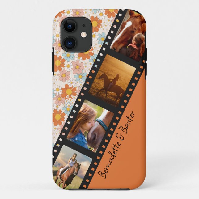 Orange Retro Daisy 4 Photo Horse Collage Name Case-Mate iPhone Case (Back)