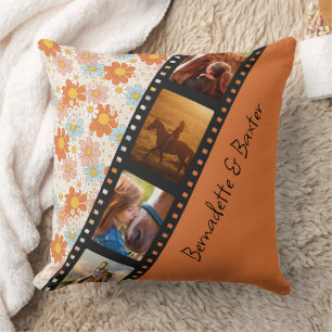 Orange Retro Daisy 4 Photo Horse Collage Name Throw Pillow