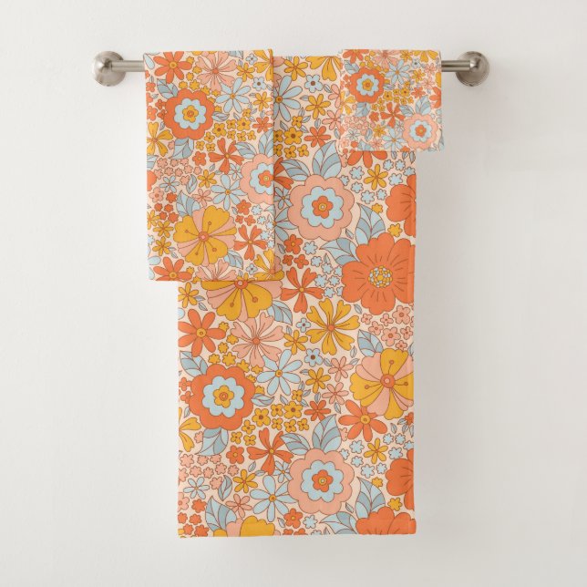 Orange Retro Flower Pattern Bath Towel Set (Insitu)