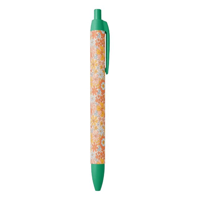 Orange Retro Flower Pattern Black Ink Pen (Bottom (Vertical))
