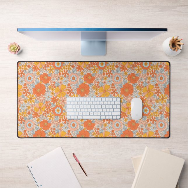 Orange Retro Flower Pattern Desk Mat (Office 1)