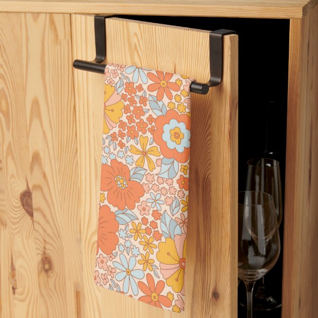 Orange Retro Flower Pattern Kitchen Towel (Thirds Fold)