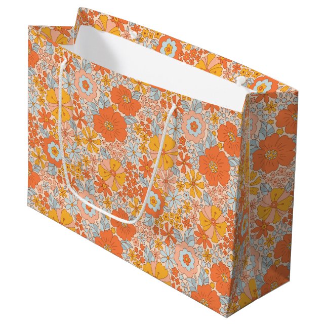 Orange Retro Flower Pattern Large Gift Bag (Front Angled)