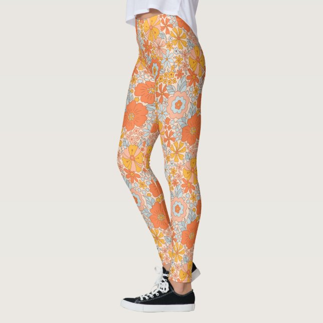 Orange Retro Flower Pattern Leggings (Left)
