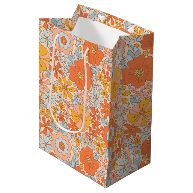Orange Retro Flower Pattern Medium Gift Bag (Front Angled)