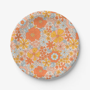 Orange Retro Flower Pattern Paper Plate