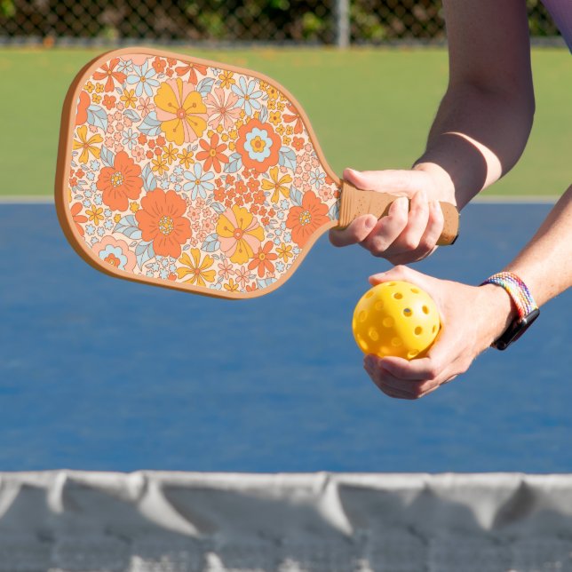 Orange Retro Flower Pattern Pickleball Paddle (Insitu)