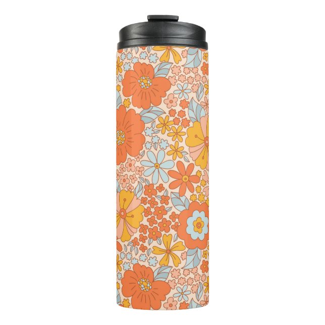 Orange Retro Flower Pattern Thermal Tumbler (Front)