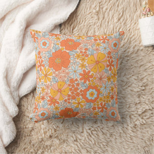 Orange Retro Flower Pattern Throw Pillow