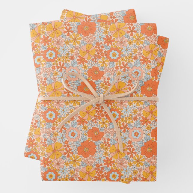 Orange Retro Flower Pattern Wrapping Paper Sheet (In situ)
