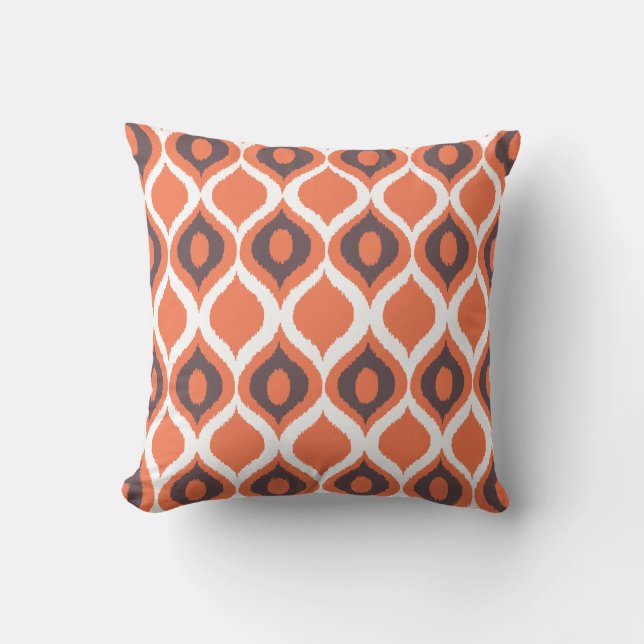 Orange Retro Geometric Ikat Tribal Print Pattern Throw Pillow (Front)