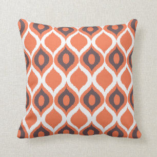 Orange Retro Geometric Ikat Tribal Print Pattern Throw Pillow