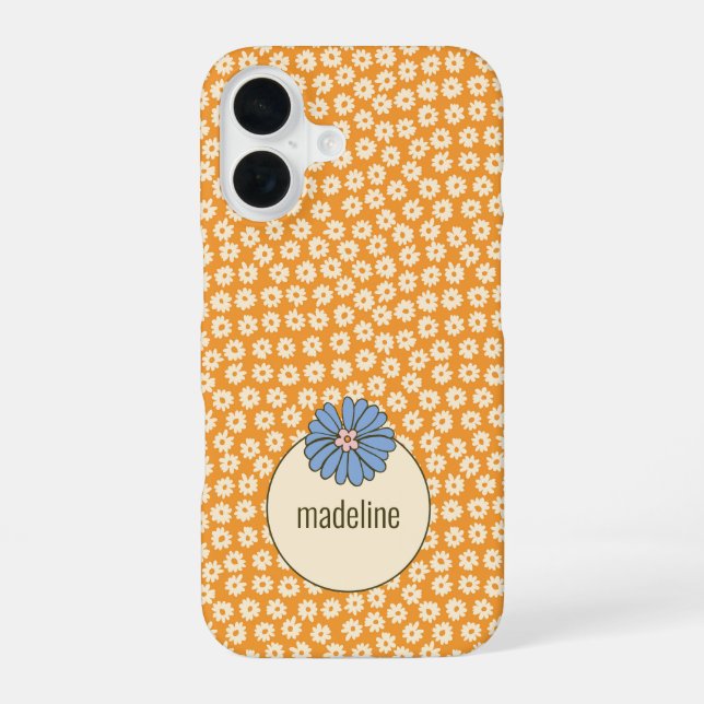 Orange Retro Girly Flower Pattern iPhone 16 Case (Back)
