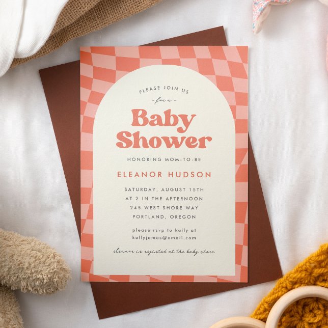 Orange Retro Groovy 70s Chequerboard Baby Shower Invitation (Groovy, retro, 70s baby shower invitation with orange checkerboard pattern)
