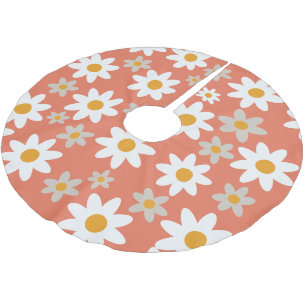 Orange Retro Groovy Daisy Pattern Holiday Brushed Polyester Tree Skirt