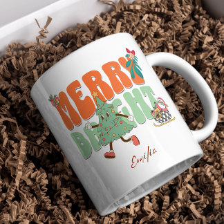 Orange Retro Merry Bright Custom Name Christmas Mug