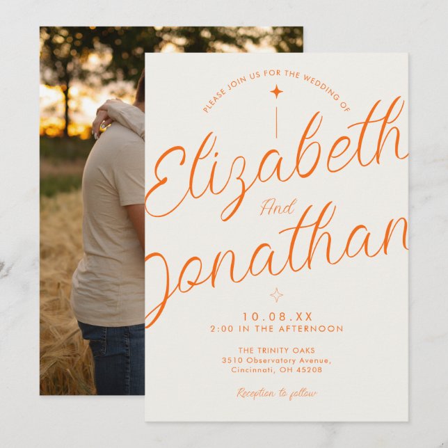 Orange Retro Modern Bold Script Photo Wedding Invitation (Front/Back)