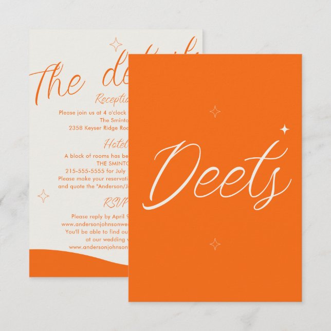 Orange Retro Modern Bold Wedding Details Enclosure Card (Front/Back)