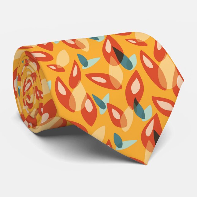 Orange Retro Modern Geometric Leaves 70s Pattern Tie (Rolled)