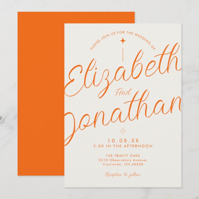 Orange Retro Modern Script Bold Wedding Invitation (Front/Back)