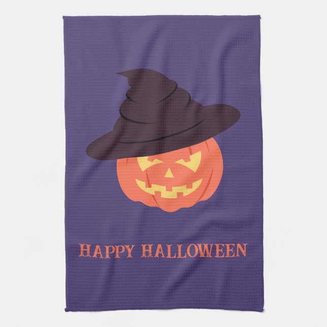Orange Retro Pumpkin Happy Halloween Kitchen Towel (Vertical)