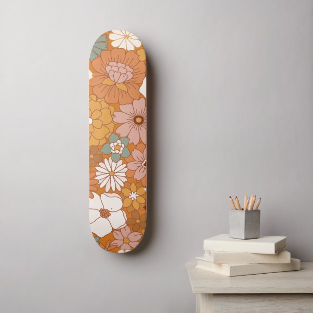 Orange Retro Style Floral Pattern Hippie Boho 70s Skateboard (Wall Art)