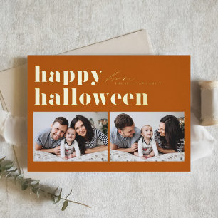 Orange Retro Typography Happy Halloween Two Photo  Foil Holiday Card