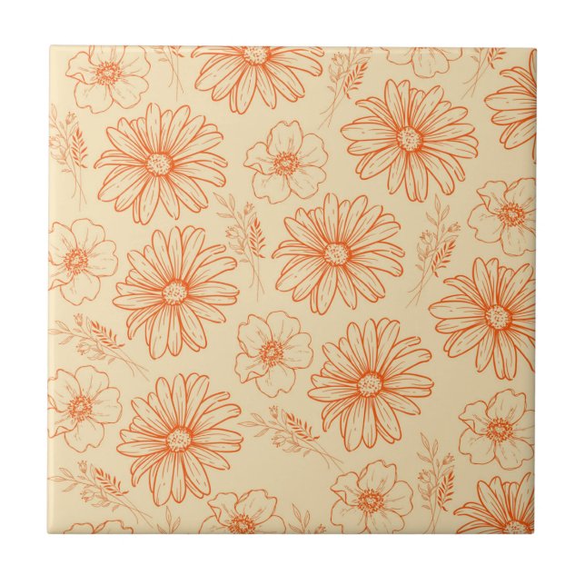 Orange Retro Vintage Y2K Flower Pattern Tile (Front)