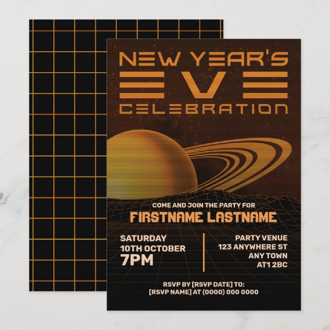 Orange Retrowave New Year Party Invitation (Devant / Derrière)