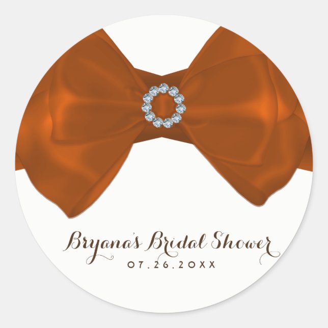 Orange Ribbon & Diamonds Bridal Shower Elegant Classic Round Sticker (Front)