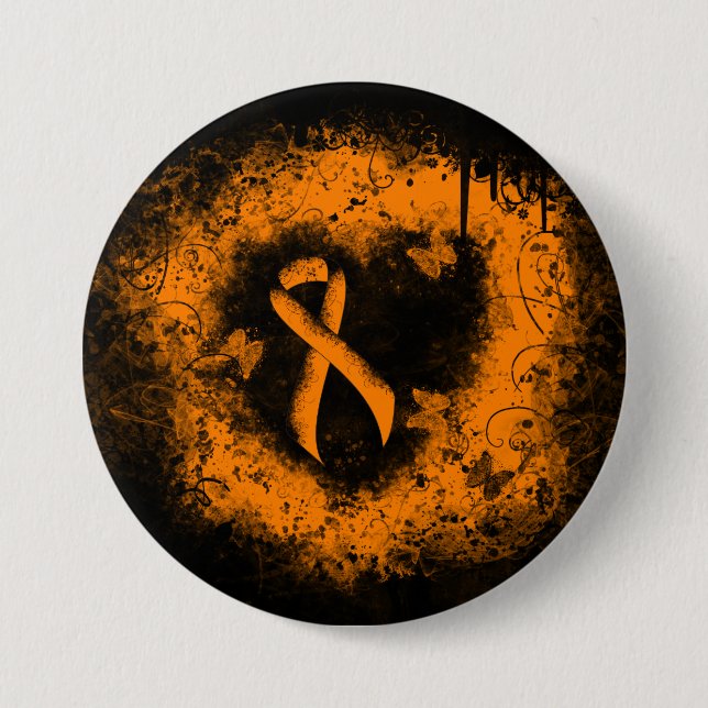 Orange Ribbon Grunge Heart 3 Inch Round Button (Front)