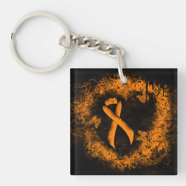 Orange Ribbon Grunge Heart Keychain (Front)