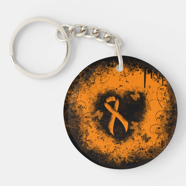 Orange Ribbon Grunge Heart Keychain (Front)