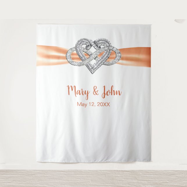 Orange Ribbon Infinity Heart Wedding Backdrop Tapestry (Front)
