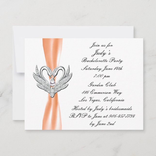 Orange Ribbon Silver Swans Bachelorette Party Invitation (Front)