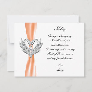 Orange Ribbon Silver Swans Maid Of Honour Card