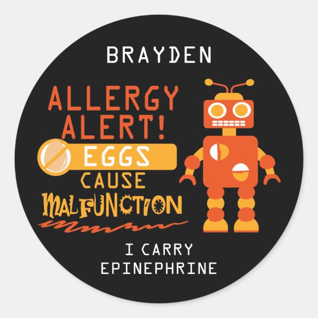 Orange Robot Egg Allergy Alert Personalized Classic Round Sticker (Front)
