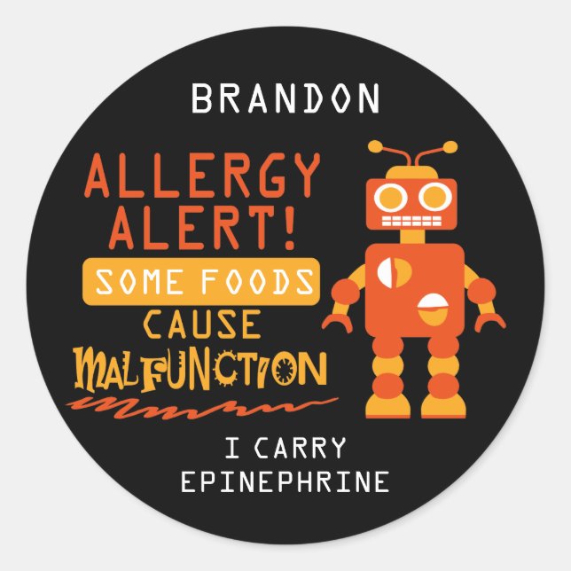 Orange Robot Food Allergy Alert Stickers (Front)