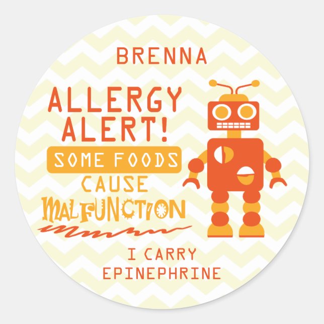Orange Robot Food Allergy Alert Stickers (Front)