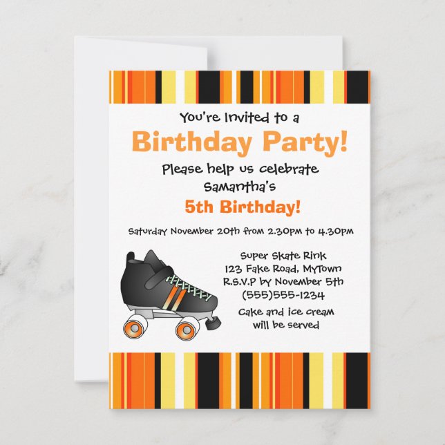 Orange Roller Skate Birthday Party - Orange Stripe Invitation (Front)